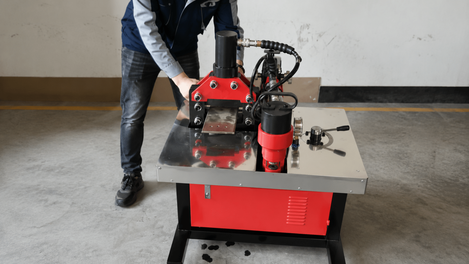 Operator punching copper busbars