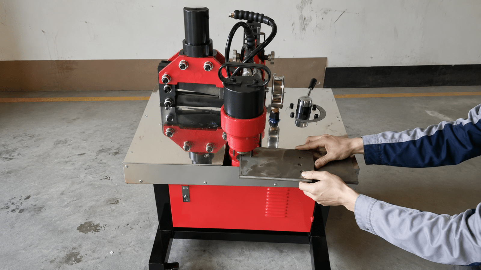 Portable busbar machine in operation