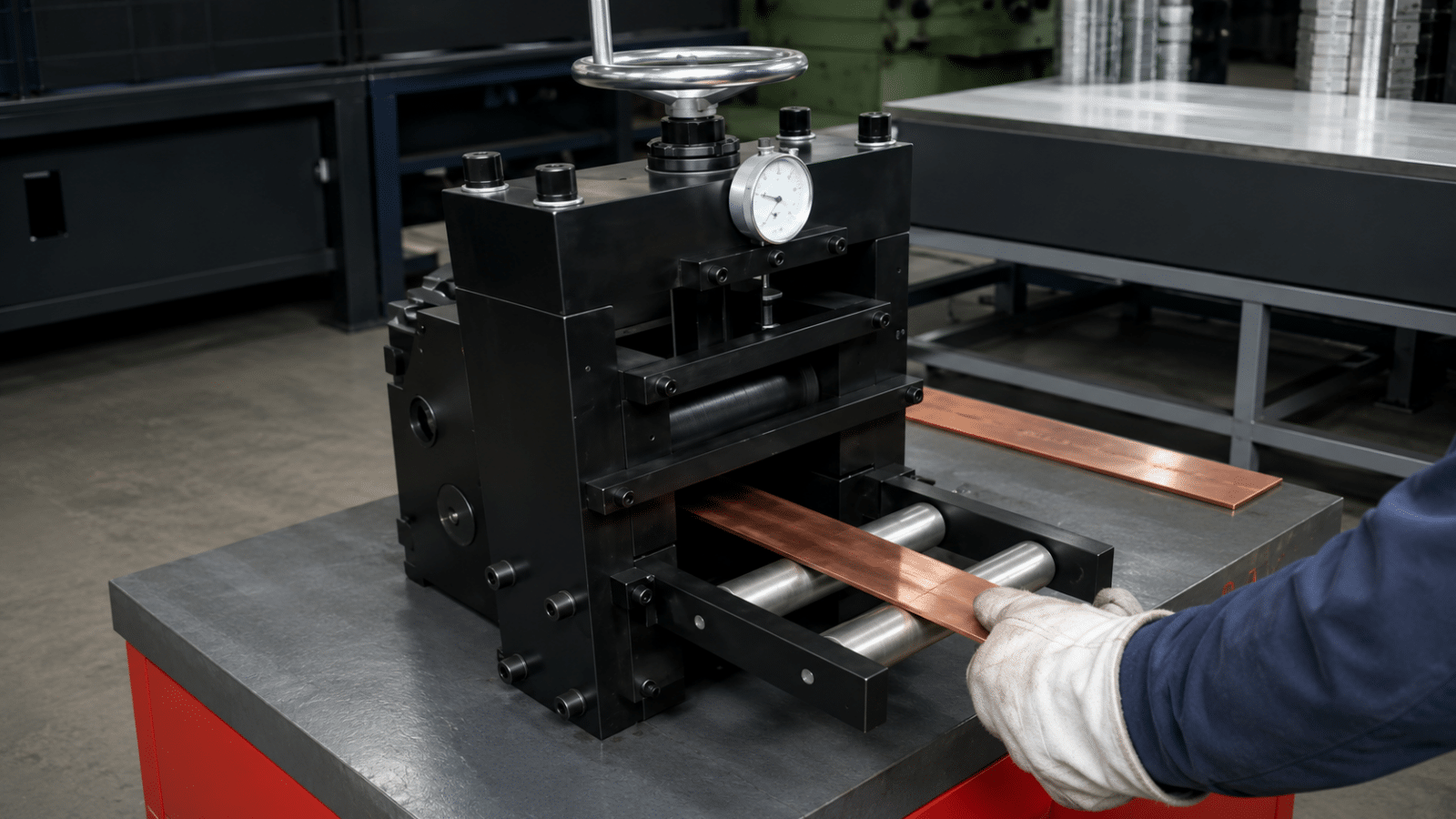Operator Feeding Copper Bar Into Busbar Leveling Machine