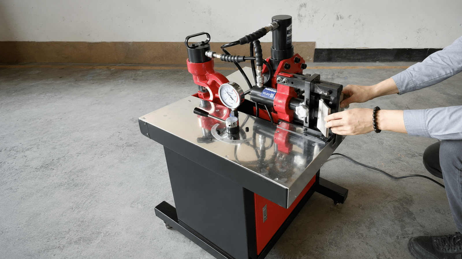 Operator using a portable busbar processing machine
