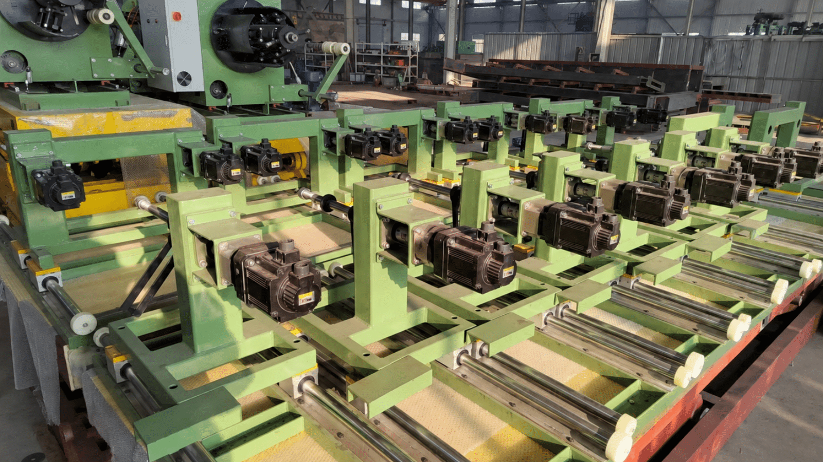 Transformer coil production pay off stand installed in modern manufacturing workshops