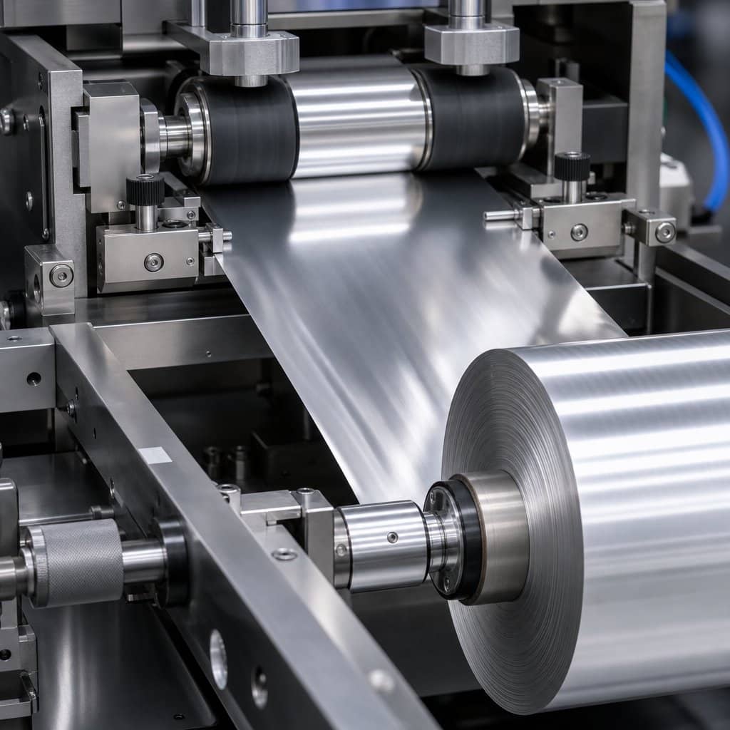 Foil winding machine feeding a wide copper foil strip