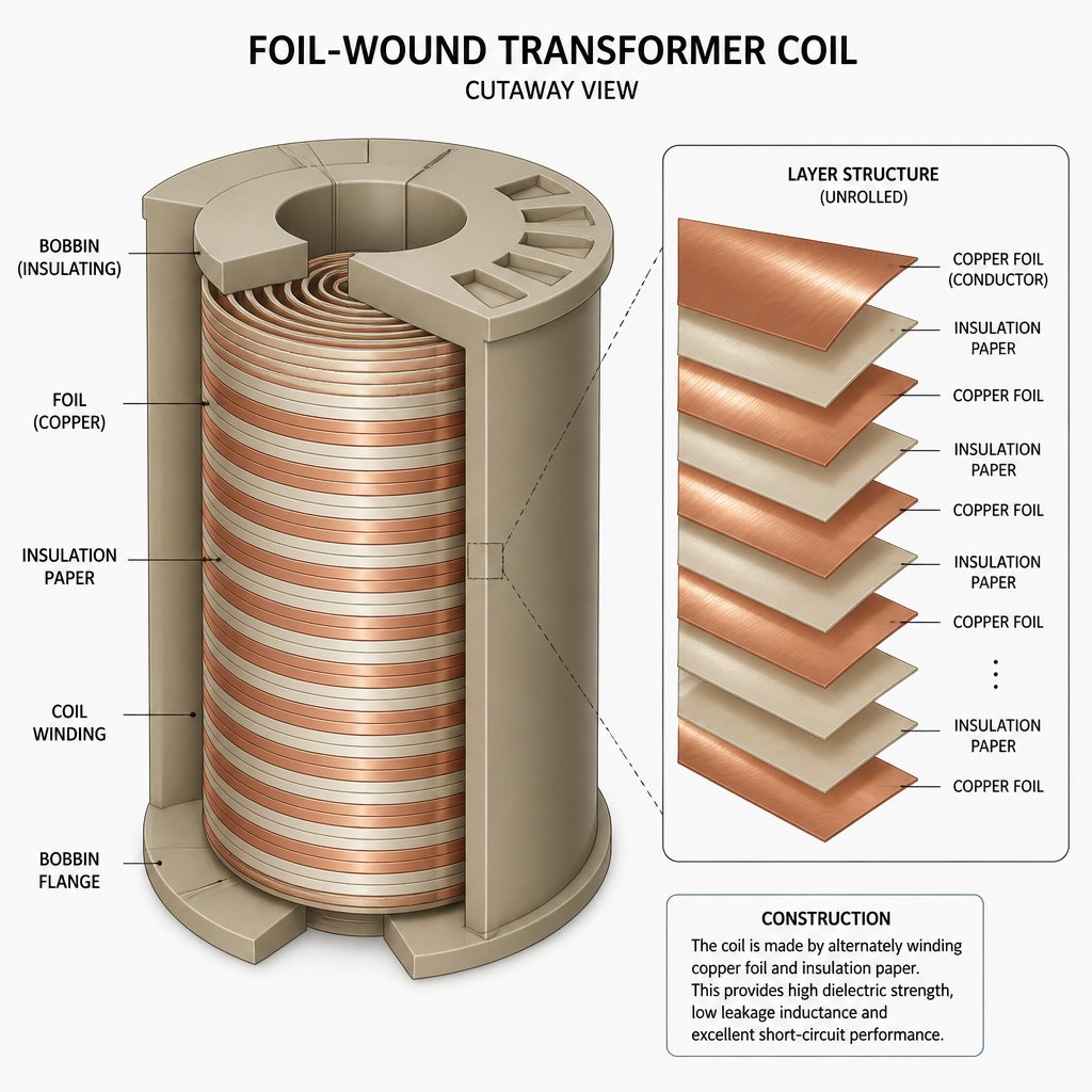 Foil winding process with tension control and edge alignment