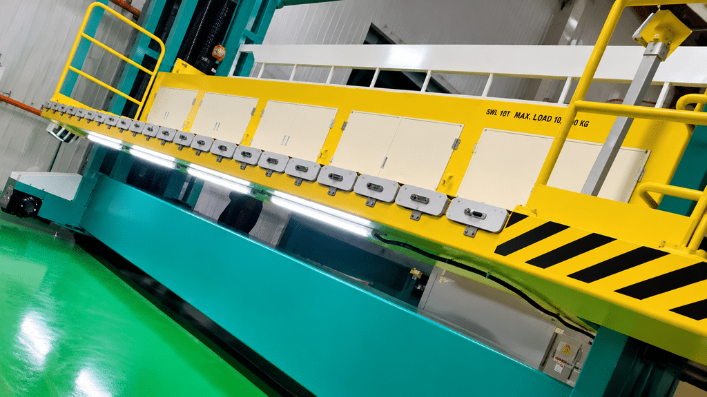 Side view of the extendable yellow platform showing its long work surface