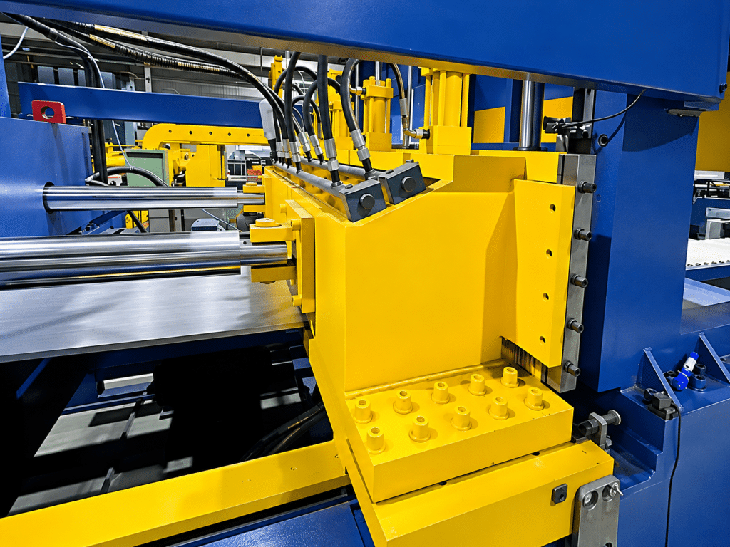 Close-up of the hydraulic clamping unit and the interchangeable die structure