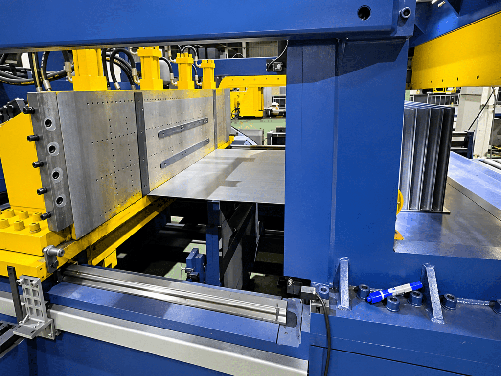 Upper and lower dies closing to press a corrugation crest at the folding station