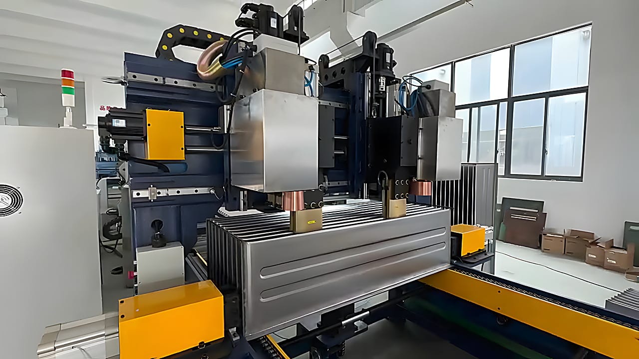 The spot welding machine head with its row of copper electrodes and clamping mechanism aligned to a corrugated fin