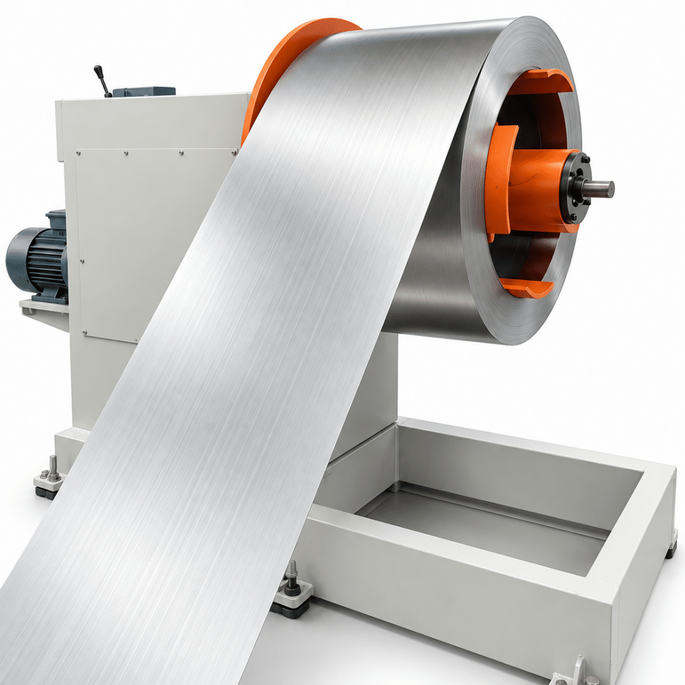 Hydraulic expanding mandrel automatic uncoiler feeding metal strip for transformer radiator production.
