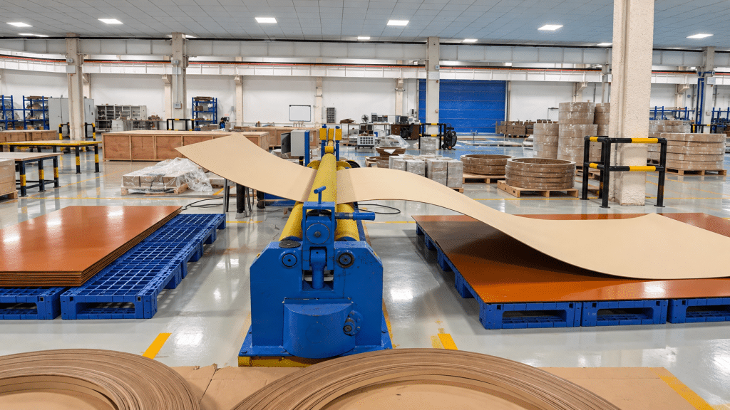 A blue three-roll cylinder rolling machine forming an insulation pressboard into a cylinder