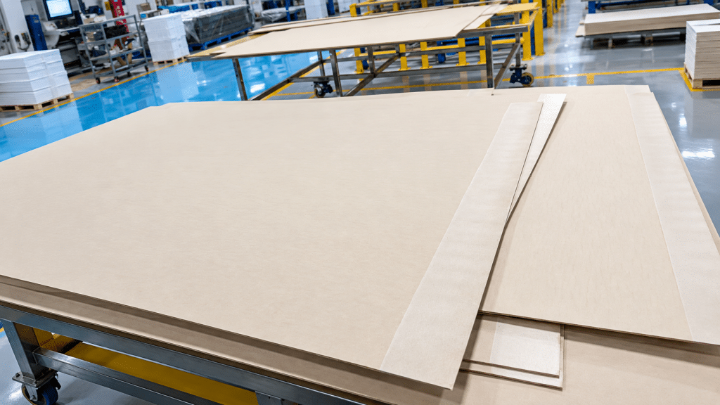 Insulation pressboard laid flat with a bevelled lap strip on the right