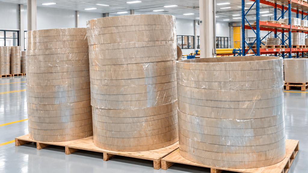 Finished insulation pressboard cylinders stacked on pallets