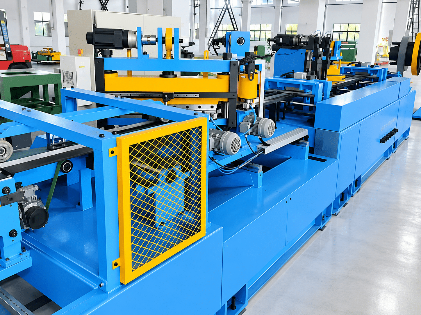 Silicon steel cutting machine with blue body, yellow safety guard and coil decoiler feeding CRGO sheets in a transformer workshop