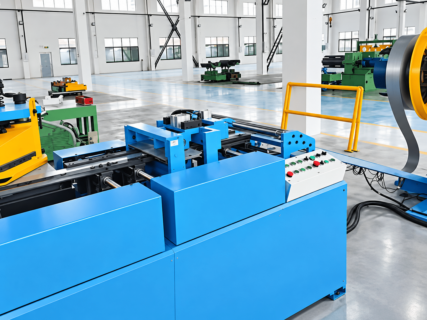 Close-up of the feeding rails, roller press and motor group that move the CRGO sheet into the shear station