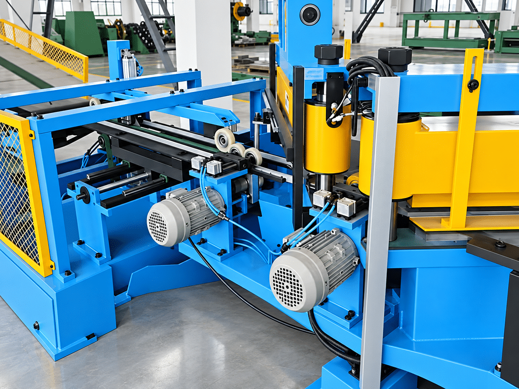 Overhead view of the shear station with the strip guides, rails and the pushing mechanism above the machine bed