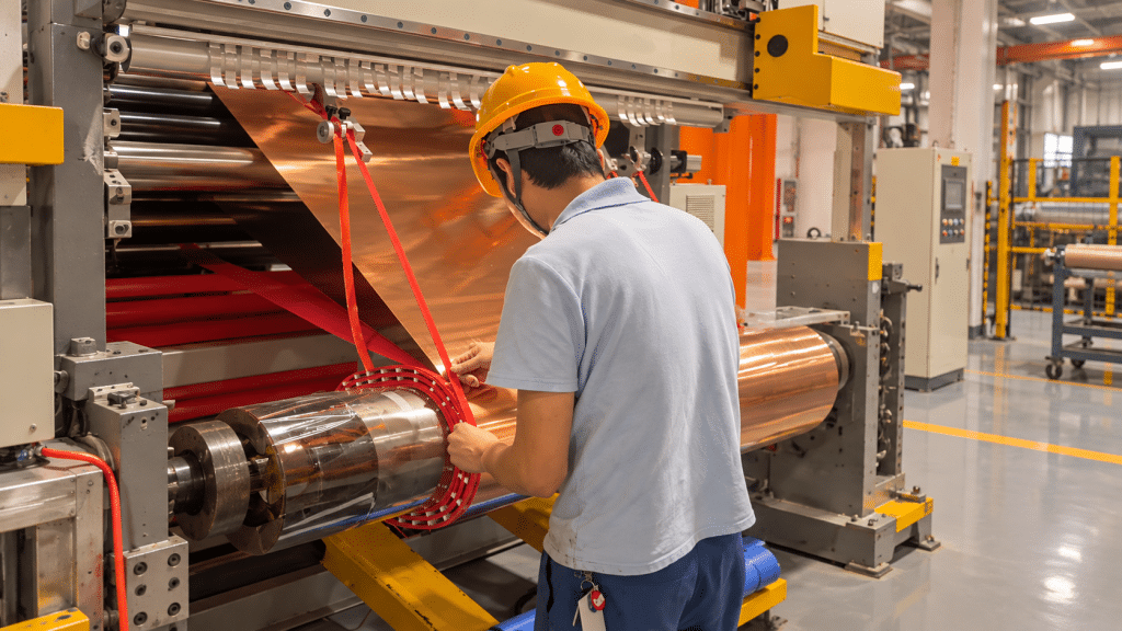 Copper foil guided and corrected on the guide rollers before entering the winding station
