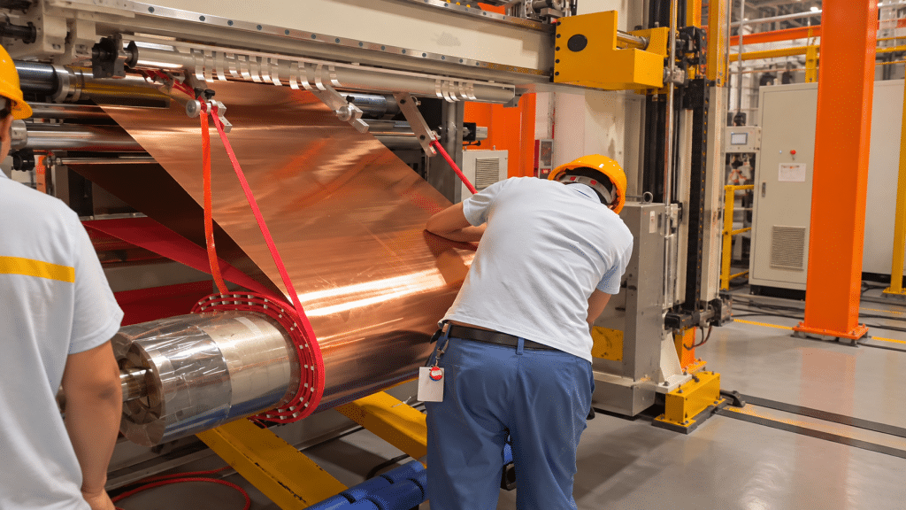 Copper foil paying off from the uncoiler, guided and corrected before it is wound onto the coil