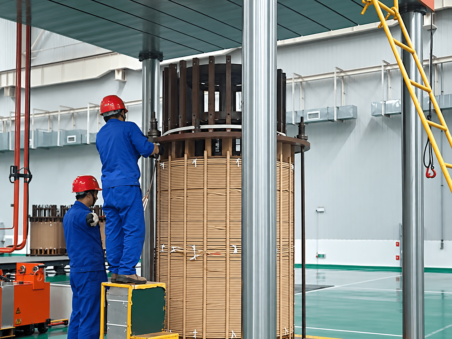 A worker on a ladder adjusting the upper pressing plate while colleagues observe the coil pressing operation