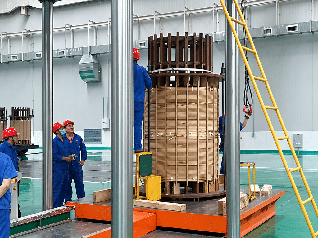 A large hydraulic coil press machine compressing a transformer coil with workers in blue uniforms and red helmets