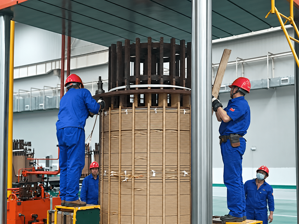 Workers adjusting the top clamp fixture on a large transformer coil inside the hydraulic press