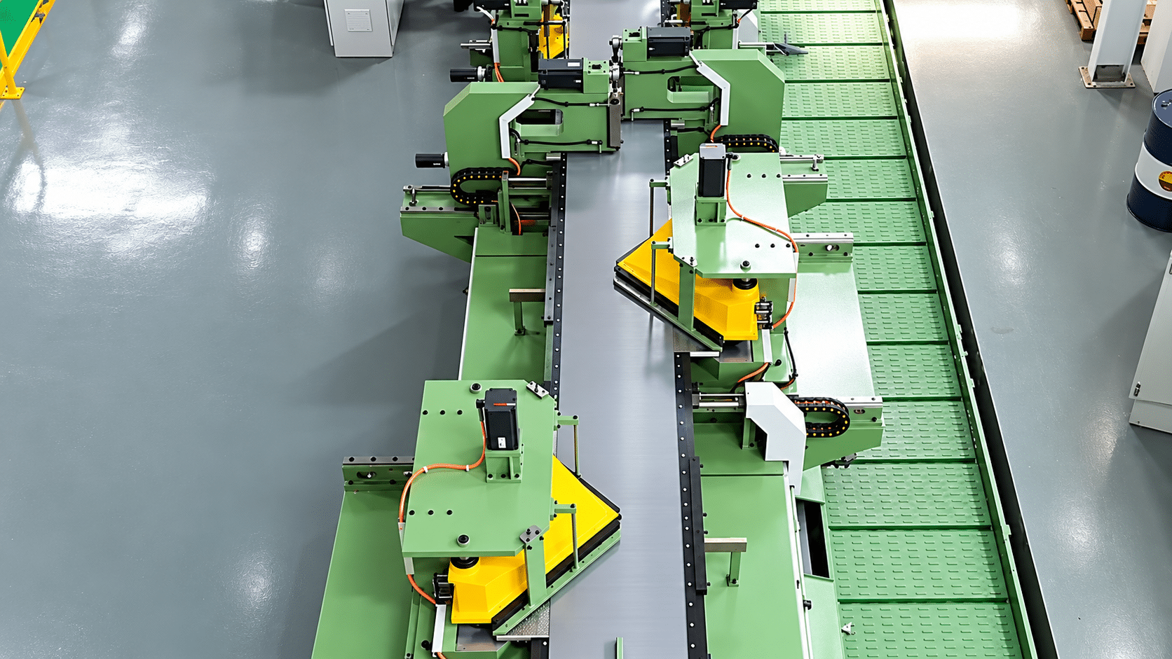 The shear stations of a transformer core cutting line running CRGO silicon steel sheet