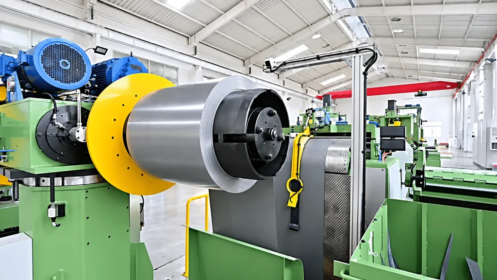 The decoiler holding a CRGO silicon steel coil at the head of the core cutting line