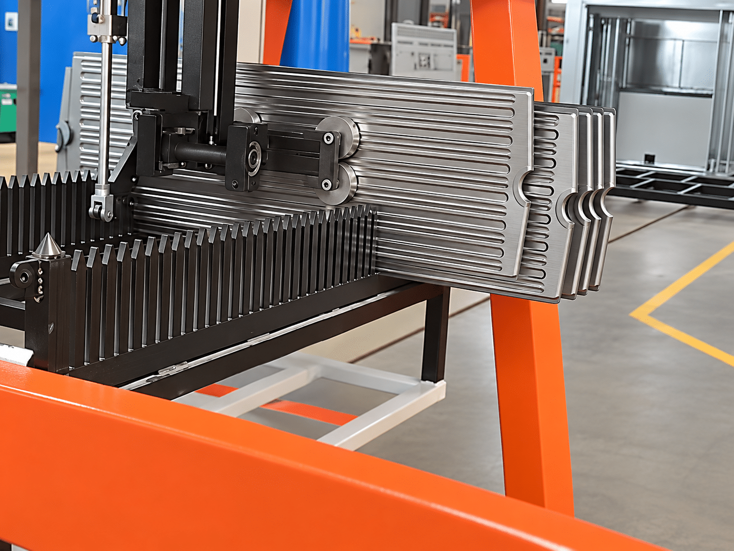 A welding and pairing station handling radiator fin assemblies on the orange gantry line