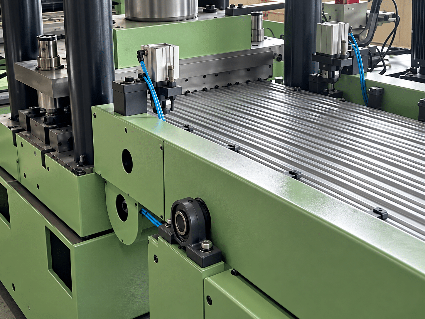 Formed radiator fins traveling on the chain conveyor of the automatic production line