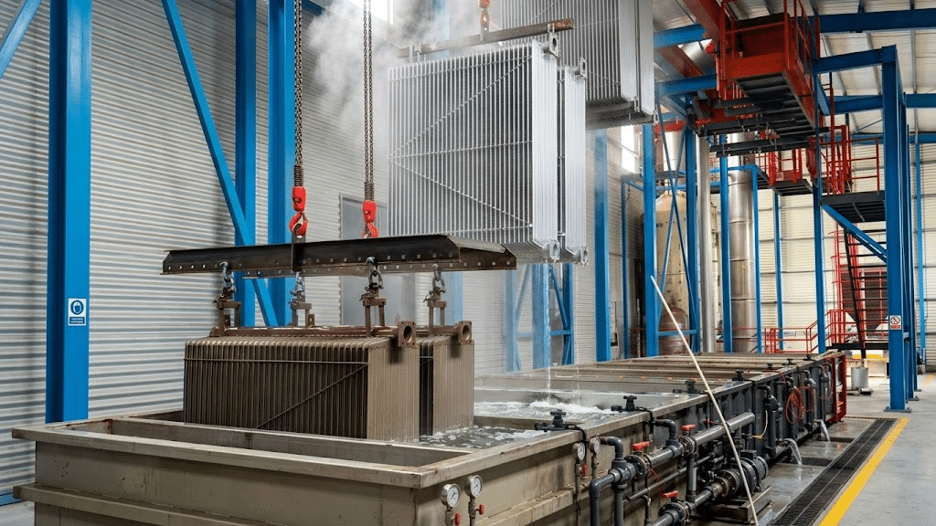 A transformer tank being lowered by the overhead gantry hoist into an immersion pretreatment bath of the automatic immersion pretreatment line