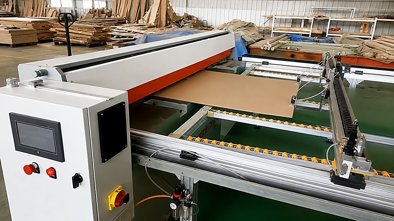 The CNC pressboard shearing machine with its NC control cabinet feeding a pressboard sheet