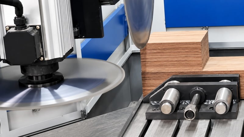 Carbide saw blade machining a stepped laminated wood block on the CNC step-wood processing machine