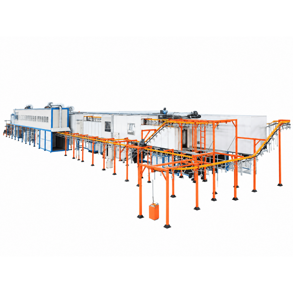 Industrial painting line for steel fabrications with spray booths and a closed-loop overhead conveyor