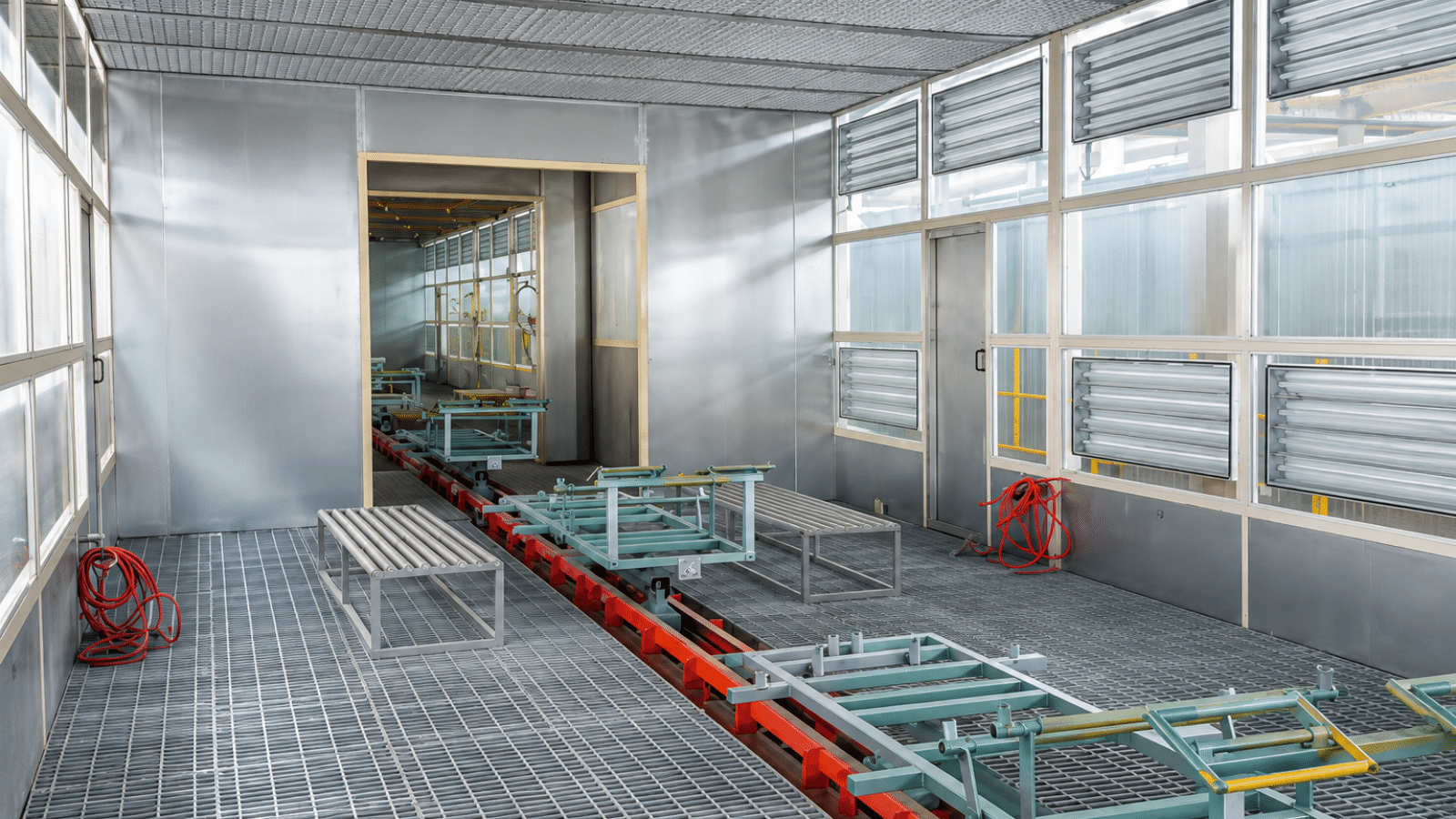 Interior of an industrial spray booth with wall filter panels and grated floor extraction