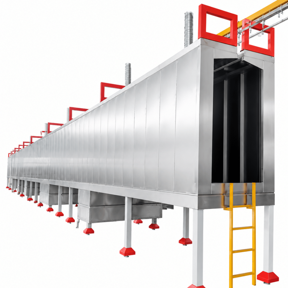 Tunnel-type industrial spray booth with roof exhaust ducts, under-floor tanks and overhead conveyor