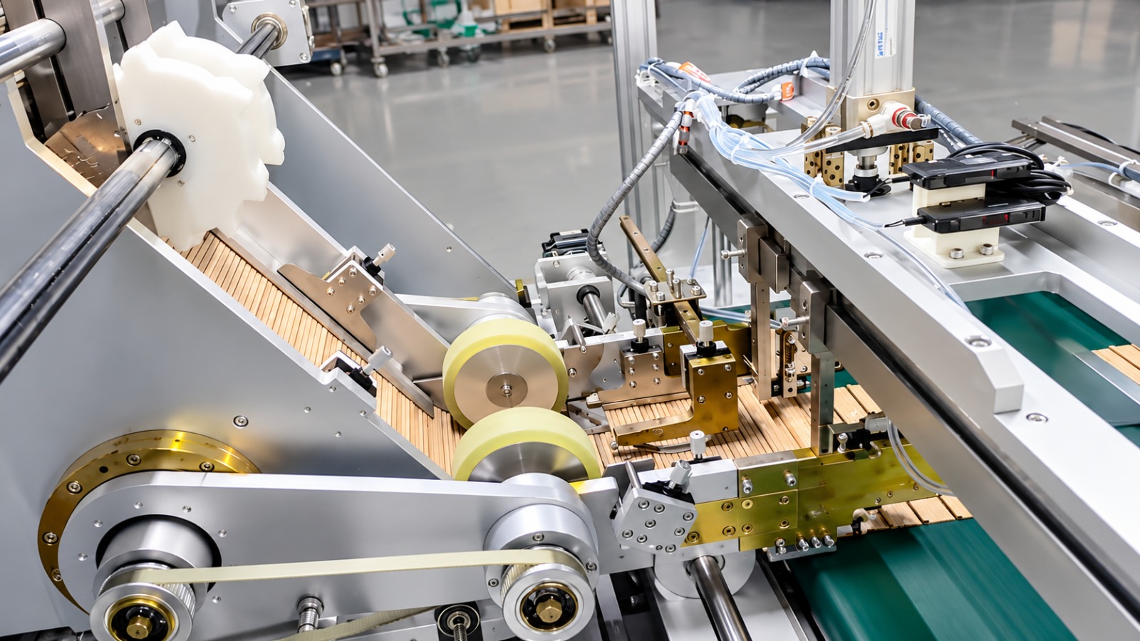 [Spacer strip feed rollers of the oil duct bonding machine aligning narrow pressboard strips before gluing