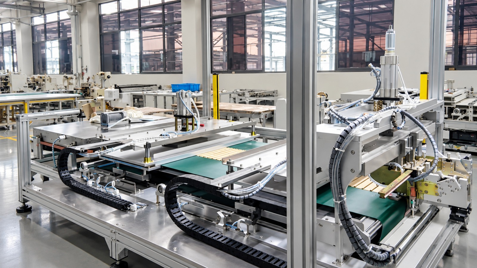 Oil duct bonding machine installation overview showing the feeding, gluing and winding stations in one line