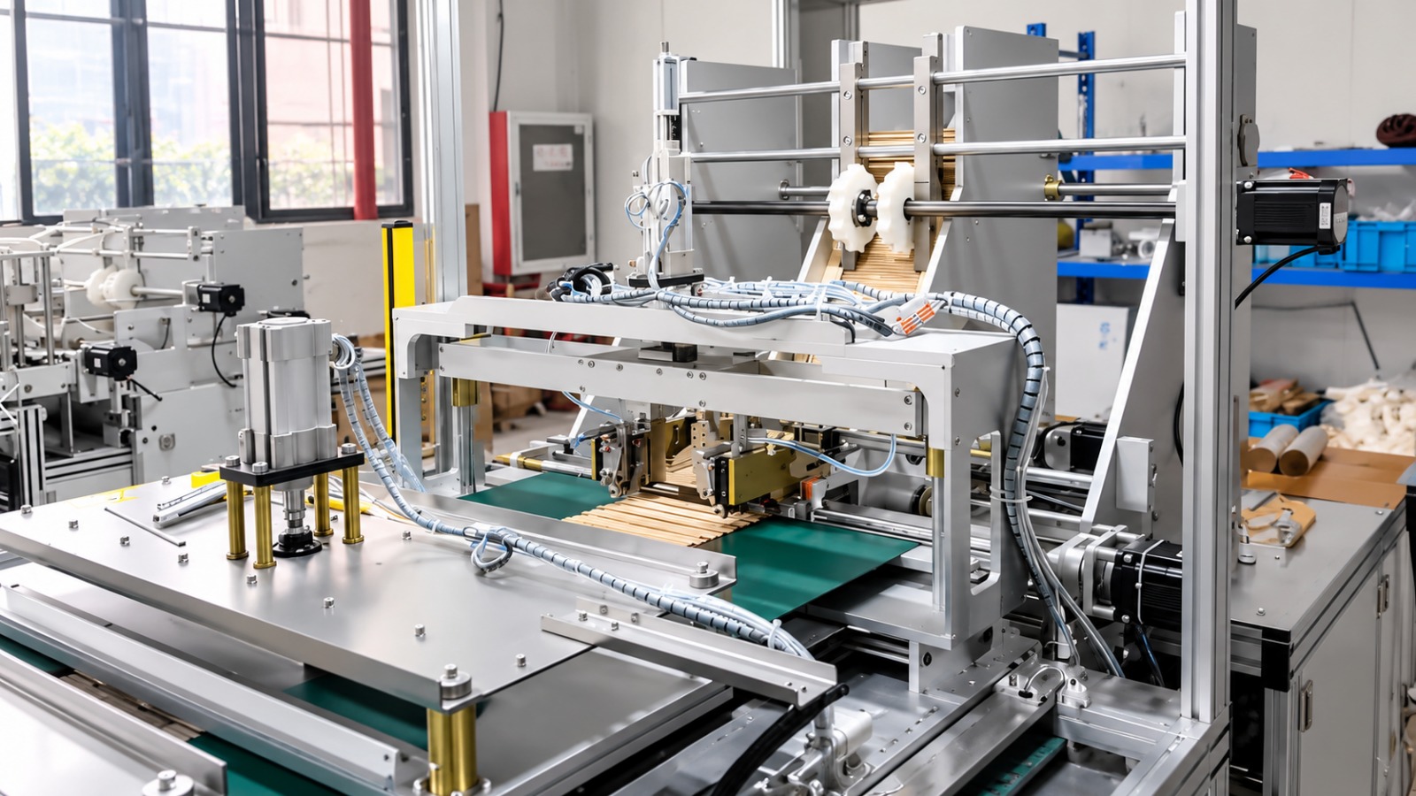 Paper unwinding station of the oil duct bonding machine with tension-controlled reels feeding base paper