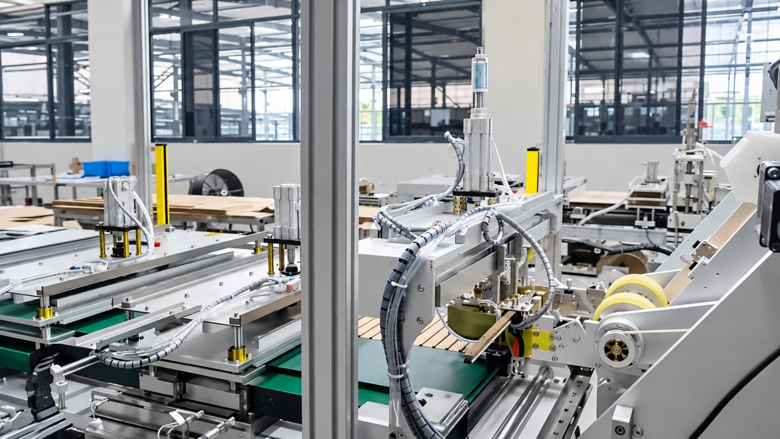 Placement head of the oil duct bonding machine mounting spacer strips onto the glued base paper at programmable pitch