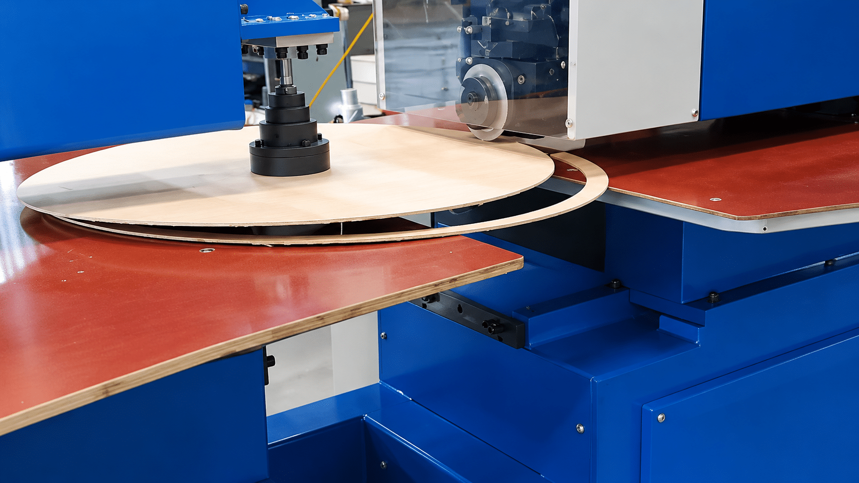 Large pressboard disc on the rotary table of the circular shearing machine, ring already separated from the outer board