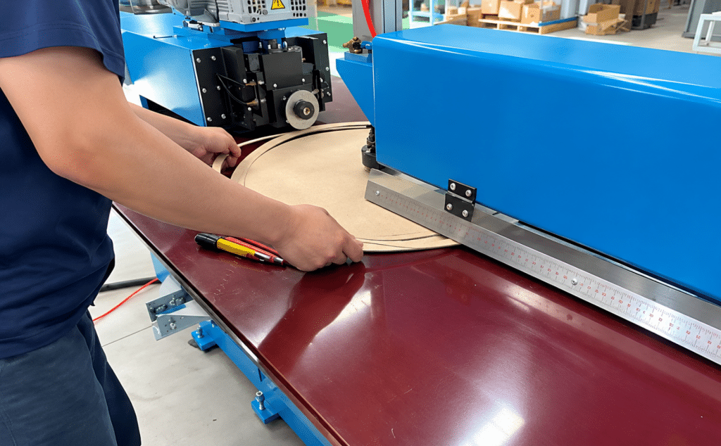 Circular shearing machine in the insulation shop, with the rotary table, rear frame scale and adjustable supports