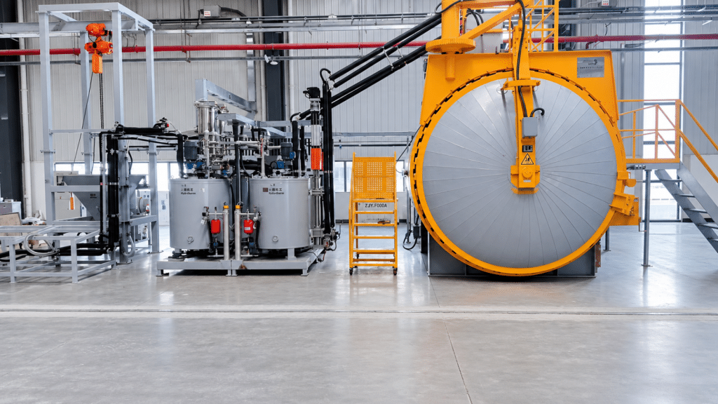 Static mixing and material preparation unit with epoxy and hardener tanks beside a vacuum casting chamber