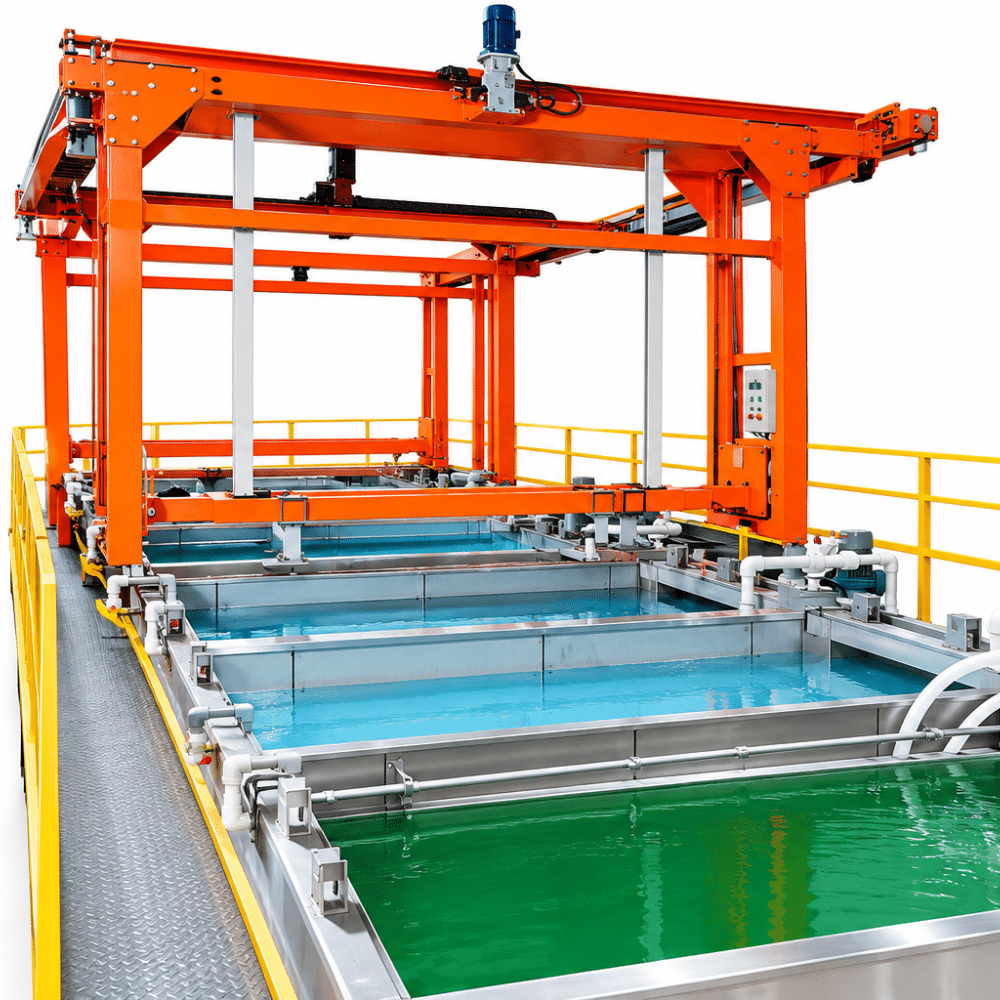 Transformer tank immersion pre-treatment line in operation, with degreasing and phosphating tanks and transfer hoists