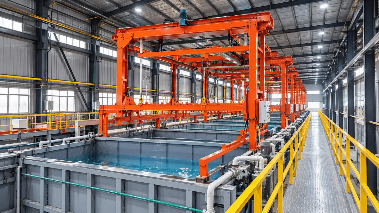 Large transformer tank automatic immersion pretreatment cleaning production line workshop interior view