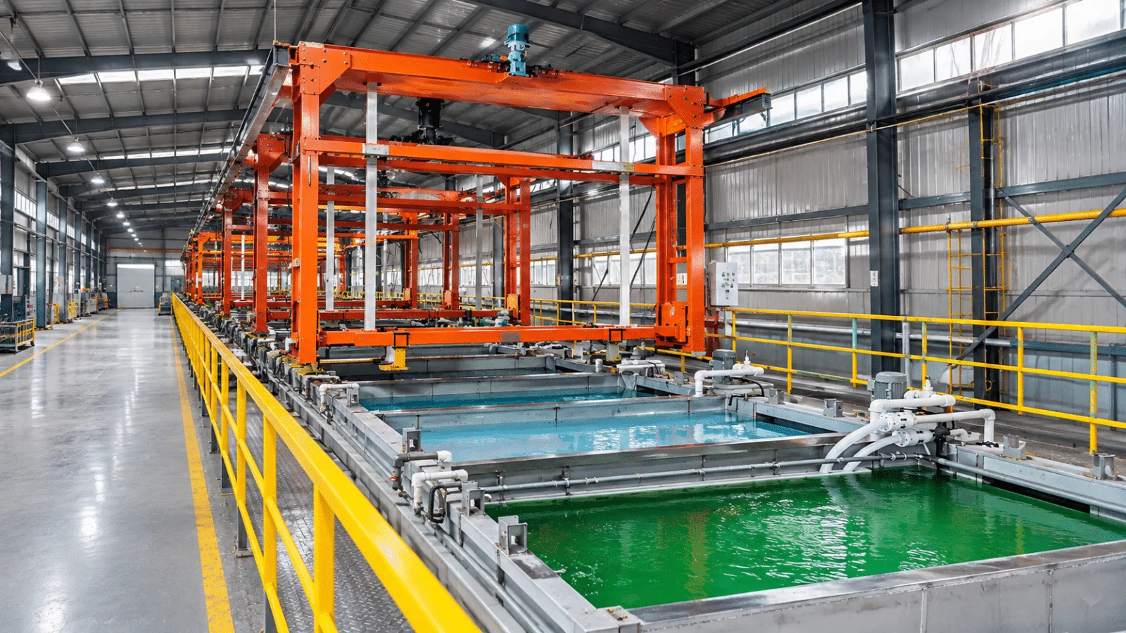 Transformer tank immersion pretreatment phosphating line tanks and orange gantry crane overview