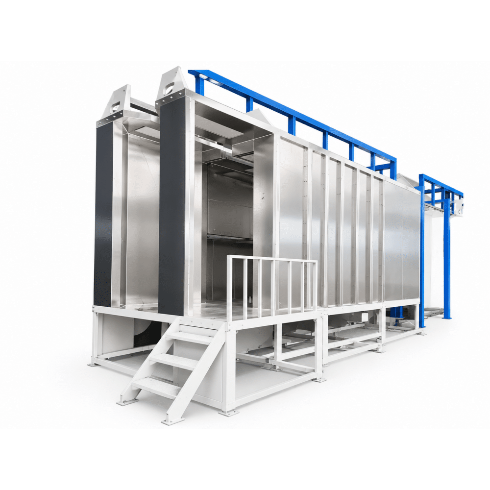 Stainless steel powder coating booth with overhead conveyor track for transformer tank enclosures