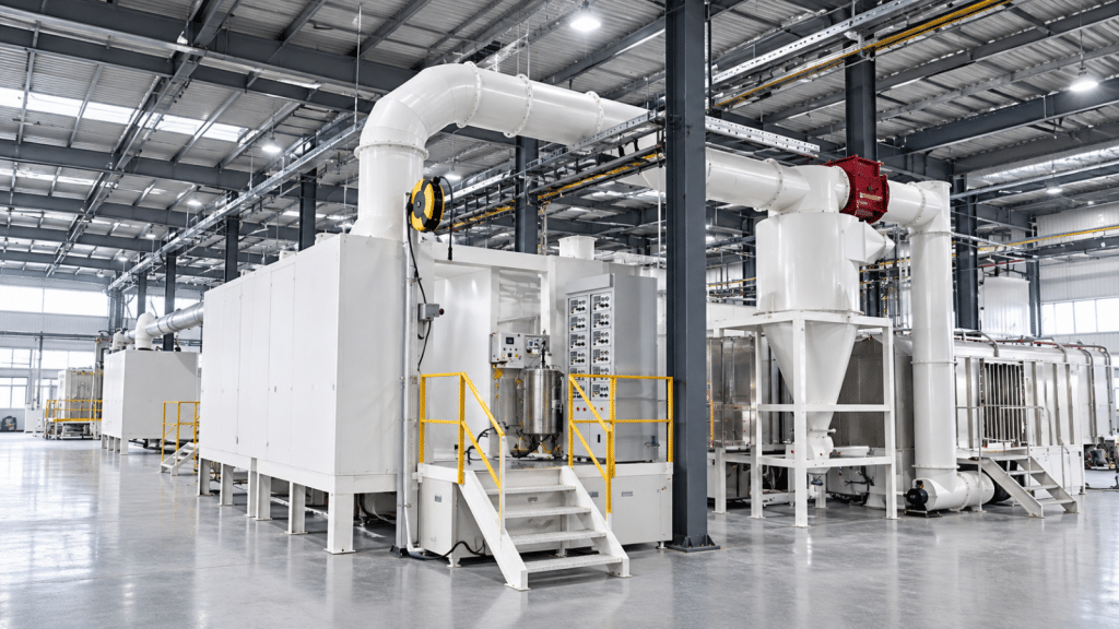 Cartridge filter unit with flameless explosion venting installed on a powder coating line