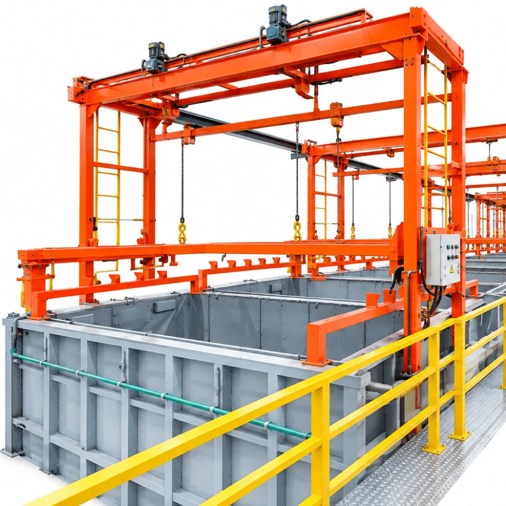 Immersion pre-treatment line for transformer tanks, showing process tanks, overhead hoists and operator walkway