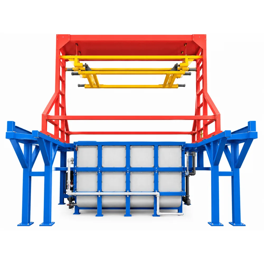 Programmed overhead hoist for a transformer tank immersion pre-treatment line, travelling on floor rails